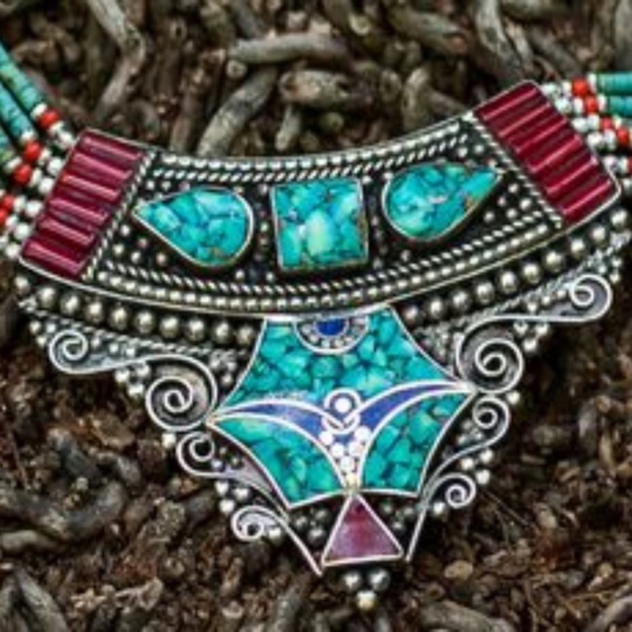 SALE - Antique Tibetan Angel Necklace | Turquoise Coral & Lapis Lazuli - Picture 2 of 2